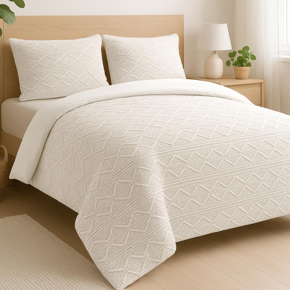 Teddy jacquard dekbedovertrekset - Crème