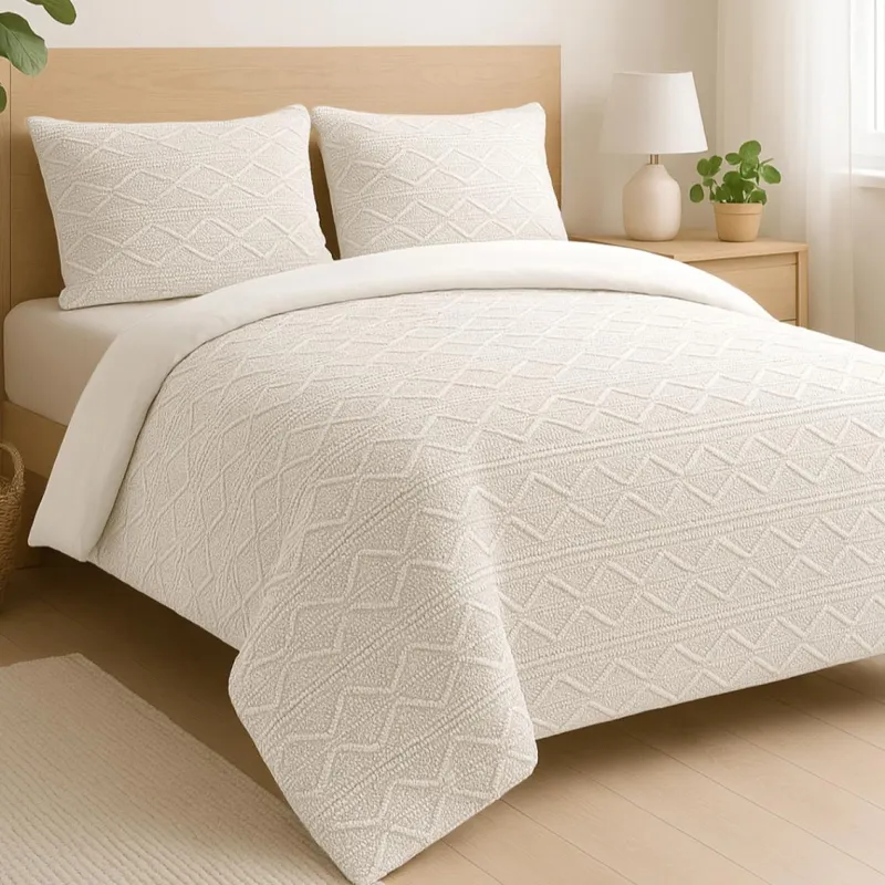 Teddy jacquard dekbedovertrekset - Crème