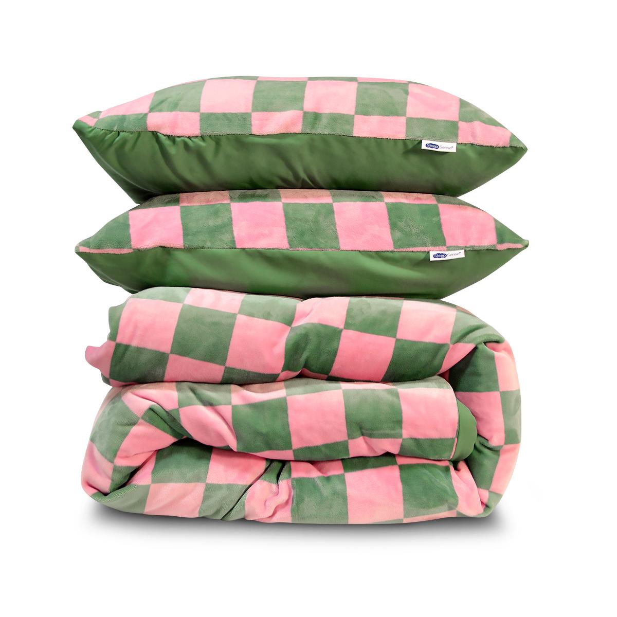 Dekbedovertrekset Chess Fleece Green/Pink