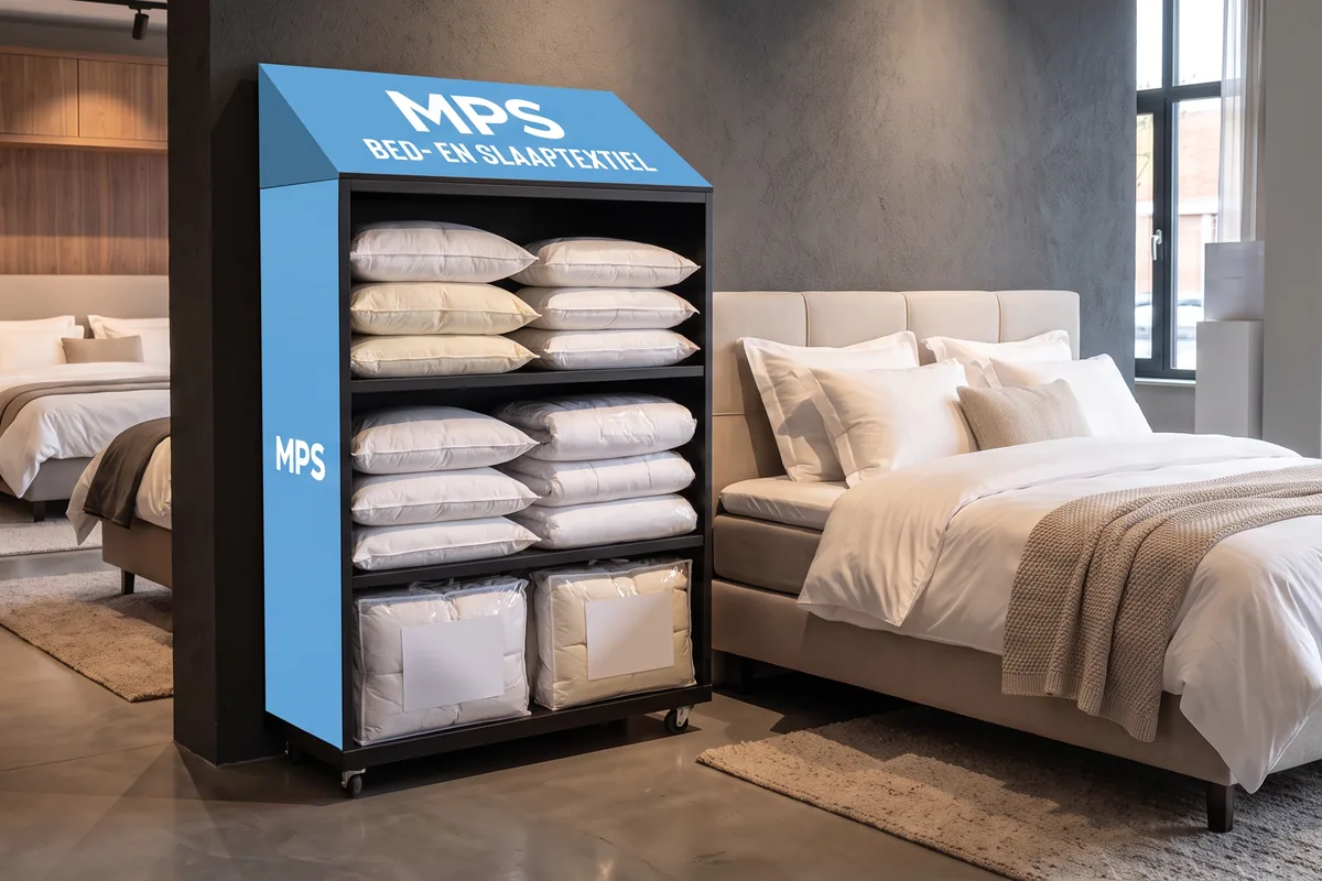 Gevuld MPS-display naast een boxspring in een beddenwinkel